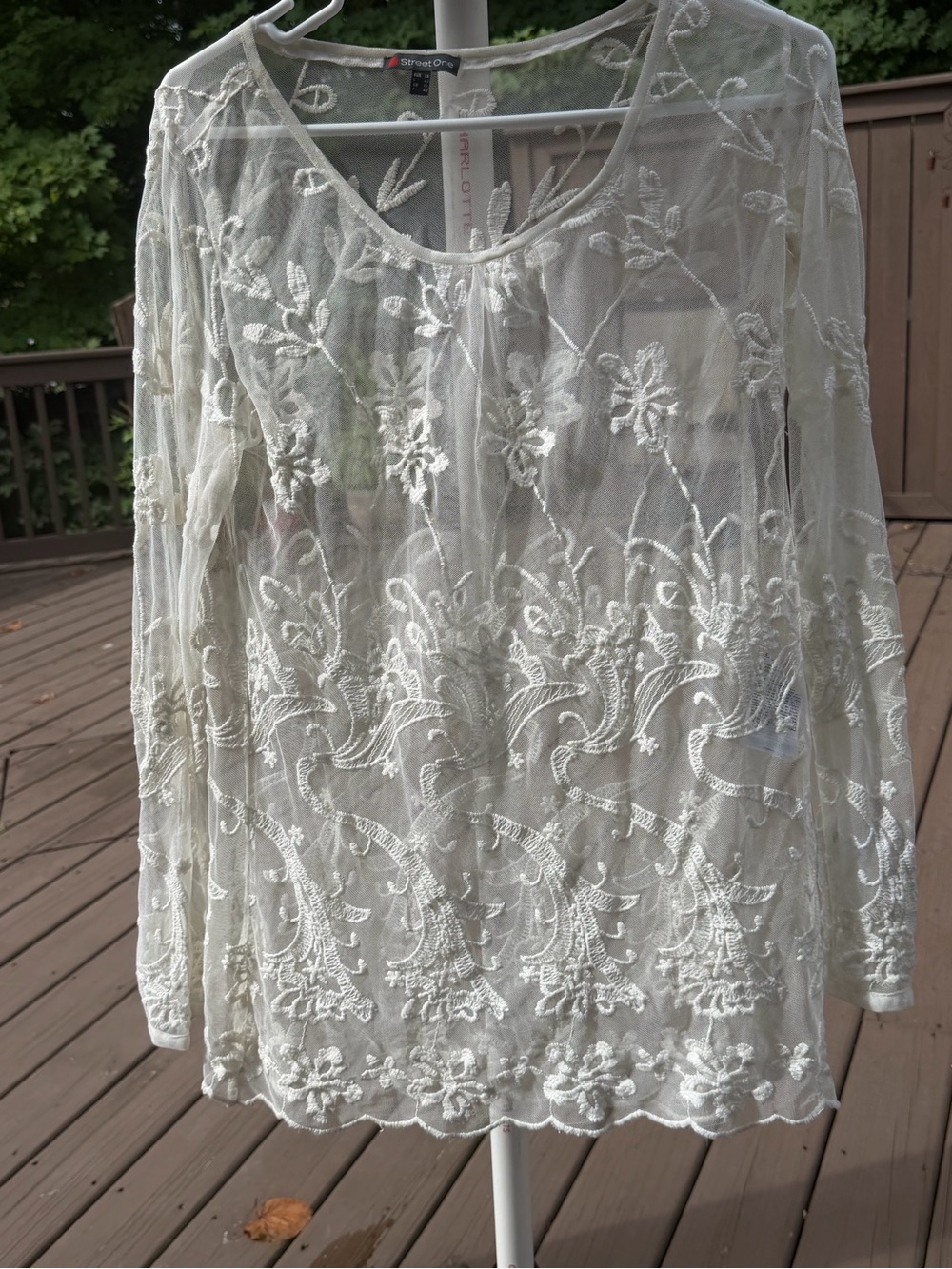 Ivory Embroidered Sheer Long-Sleeve Top small /medium